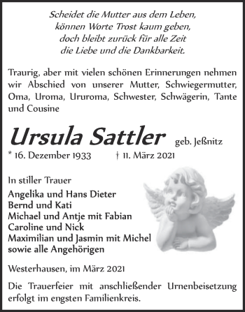 Traueranzeige von Ursula Sattler von Mitteldeutsche Zeitung Quedlingburg