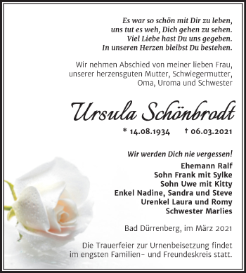 Traueranzeige von Ursula Schönbrodt von Mitteldeutsche Zeitung Merseburg/Querfurt