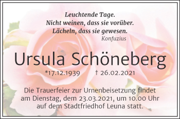 Traueranzeige von Ursula Schöneberg von Mitteldeutsche Zeitung Merseburg/Querfurt