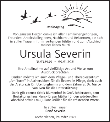 Traueranzeige von Ursula Severin von Mitteldeutsche Zeitung Aschersleben