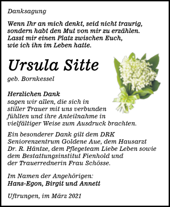Traueranzeige von Ursula Sitte von Mitteldeutsche Zeitung Sangerhausen
