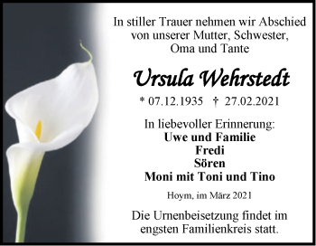 Traueranzeige von Ursula Wehrstedt von Mitteldeutsche Zeitung Aschersleben
