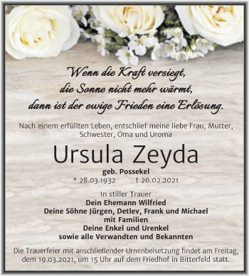 Traueranzeige von Ursula Zeyda von Mitteldeutsche Zeitung Bitterfeld