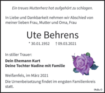 Traueranzeige von Ute Behrens von Mitteldeutsche Zeitung Weißenfels