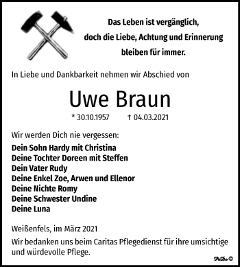 Traueranzeige von Uwe Braun von Mitteldeutsche Zeitung Weißenfels