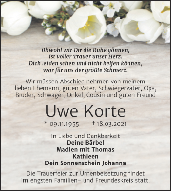 Traueranzeige von Uwe Korte von Mitteldeutsche Zeitung Mansfelder Land