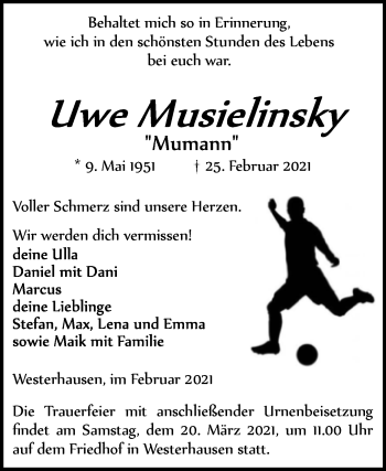 Traueranzeige von Uwe Musielinsky von Mitteldeutsche Zeitung Quedlinburg
