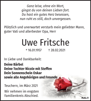 Traueranzeige von Uwe Pritsche von Mitteldeutsche Zeitung Weißenfels