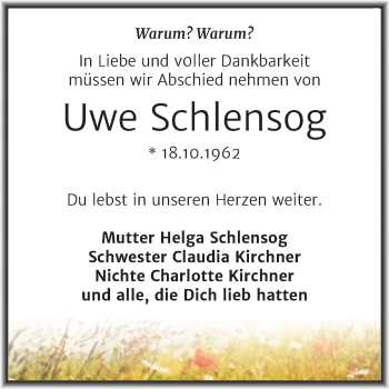 Traueranzeige von Uwe Schlensog von Mitteldeutsche Zeitung Halle/Saalkreis