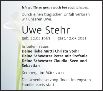 Traueranzeige von Uwe Stehr von Mitteldeutsche Zeitung Wittenberg