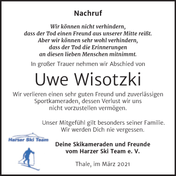 Traueranzeige von Uwe Wisotzki von Mitteldeutsche Zeitung Quedlingburg