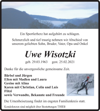 Traueranzeige von Uwe Wisotzki von Mitteldeutsche Zeitung Quedlingburg
