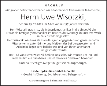 Traueranzeige von Uwe Wisotzki von Mitteldeutsche Zeitung Quedlingburg
