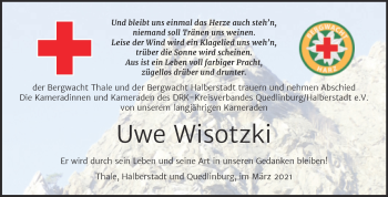 Traueranzeige von Uwe Wisotzki von Super Sonntag Quedlingburg