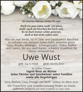 Traueranzeige von Uwe Wust von Mitteldeutsche Zeitung Köthen
