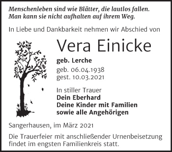 Traueranzeige von Vera Einicke von Mitteldeutsche Zeitung Sangerhausen