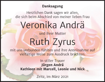 Traueranzeige von Veronika Andrä von Mitteldeutsche Zeitung Zeitz