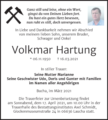 Traueranzeige von Volkmar Hartung von Super Sonntag Naumburg/Nebra