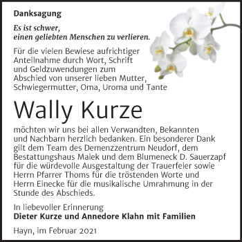 Traueranzeige von Wally Kurze von Mitteldeutsche Zeitung Sangerhausen
