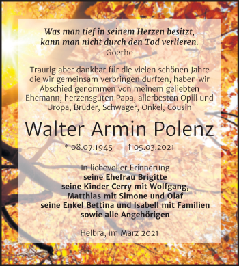 Traueranzeige von Walter Armin Polenz von Mitteldeutsche Zeitung Mansfelder Land