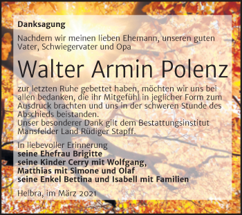Traueranzeige von Walter Armin Polenz von Mitteldeutsche Zeitung Mansfelder Land