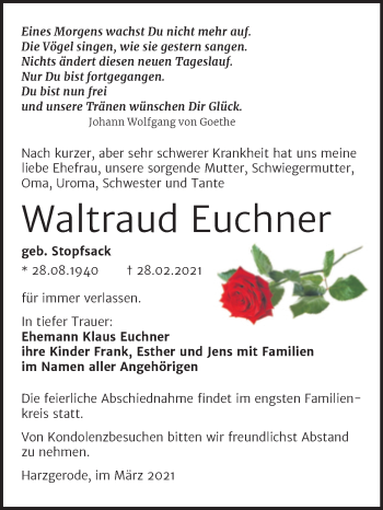 Traueranzeige von Waltraud Euchner von Mitteldeutsche Zeitung Quedlinburg