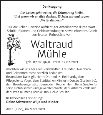 Traueranzeige von Waltraud Mühle von Mitteldeutsche Zeitung Köthen