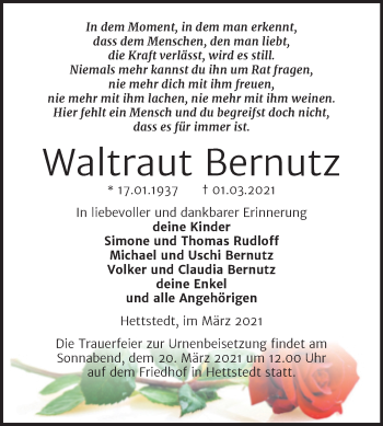 Traueranzeige von Waltraut Bernutz von Mitteldeutsche Zeitung Mansfelder Land