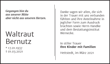 Traueranzeige von Waltraut Bernutz von Mitteldeutsche Zeitung Mansfelder Land