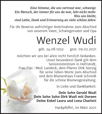 Traueranzeige von Wenzel Wudi von Mitteldeutsche Zeitung Sangerhausen