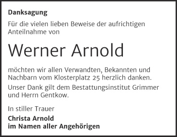Traueranzeige von Werner Arnold von Mitteldeutsche Zeitung Mansfelder Land