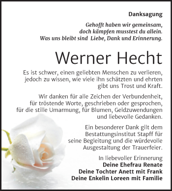 Traueranzeige von Werner Hecht von Mitteldeutsche Zeitung Mansfelder Land