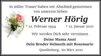 Traueranzeige von Werner Hörig von Mitteldeutsche Zeitung Quedlingburg