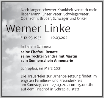 Traueranzeige von Werner Linke von Mitteldeutsche Zeitung Merseburg/Querfurt