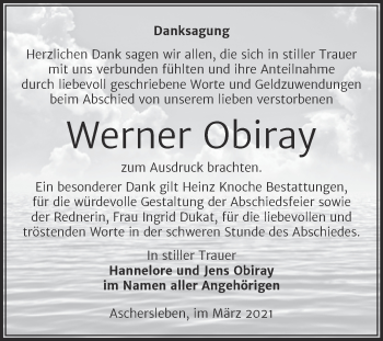 Traueranzeige von Werner Obiray von Mitteldeutsche Zeitung Aschersleben
