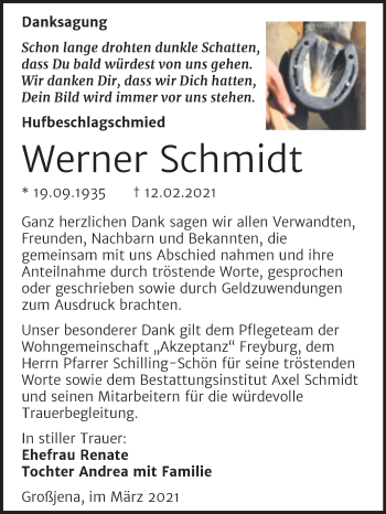 Traueranzeige von Werner Schmidt von Super Sonntag Naumburg/Nebra
