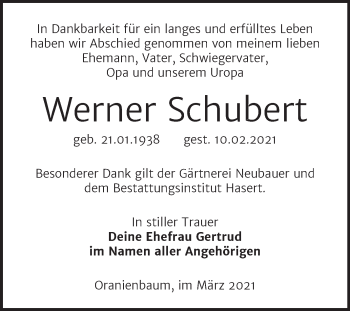 Traueranzeige von Werner Schubert von Mitteldeutsche Zeitung Wittenberg
