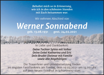 Traueranzeige von Werner Sonnabend von Mitteldeutsche Zeitung Köthen