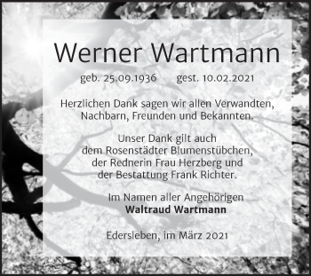 Traueranzeige von Werner Wartmann von Mitteldeutsche Zeitung Sangerhausen