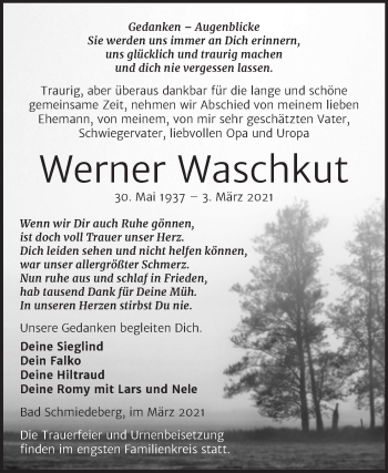 Traueranzeige von Werner Waschkut von Mitteldeutsche Zeitung Wittenberg