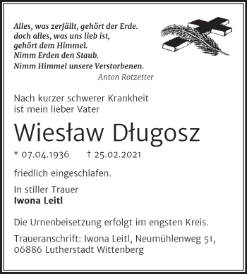 Traueranzeige von Wieslaw Dlugosz von Mitteldeutsche Zeitung Wittenberg