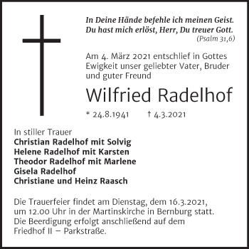 Traueranzeige von Wilfried Radelhof von Mitteldeutsche Zeitung Bernburg