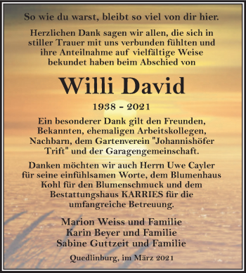 Traueranzeige von Willi David von Mitteldeutsche Zeitung Quedlingburg