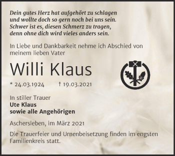 Traueranzeige von Willi Klaus von Mitteldeutsche Zeitung Aschersleben