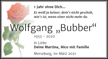Traueranzeige von Wolfgang  von Mitteldeutsche Zeitung Merseburg/Querfurt