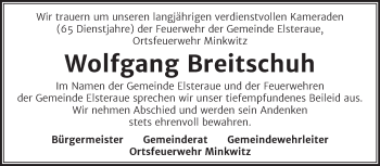Traueranzeige von Wolfgang Breitschuh von Super Sonntag Zeitz