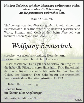 Traueranzeige von Wolfgang Breitschuh von Mitteldeutsche Zeitung Zeitz