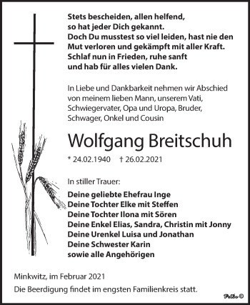 Traueranzeige von Wolfgang Breitschuh von Mitteldeutsche Zeitung Zeitz