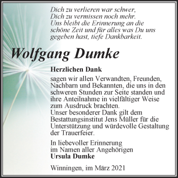 Traueranzeige von Wolfgang Dumke von Mitteldeutsche Zeitung Aschersleben