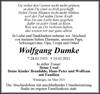 Traueranzeige von Wolfgang Dumke von Mitteldeutsche Zeitung Aschersleben